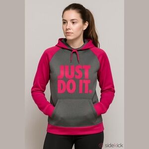 Women’s Nike Gray and Pink 'Just Do It' Fleece Pullover Hoodie, Size Medium.